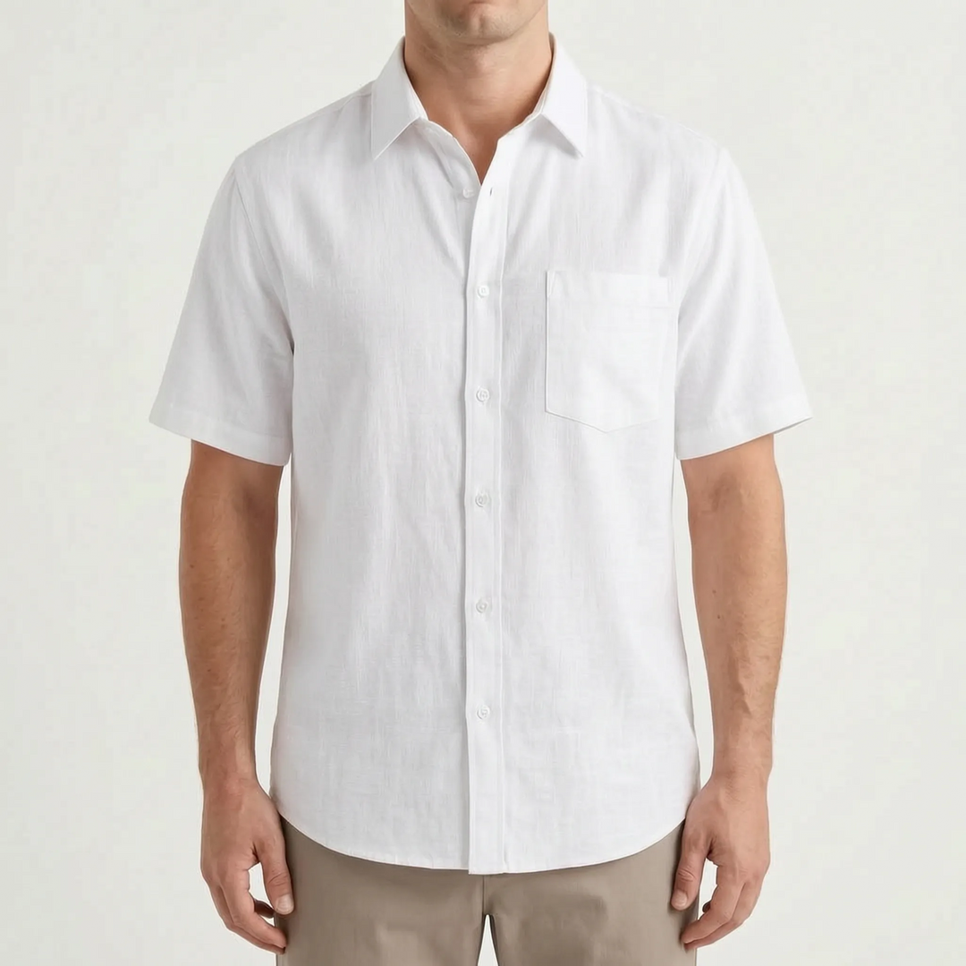 Casual men's short sleeve button down shirt, relaxed fit, lightweight, and breathable summer apparel.