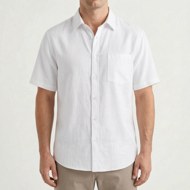 Casual men's short sleeve button down shirt, relaxed fit, lightweight, and breathable summer apparel.