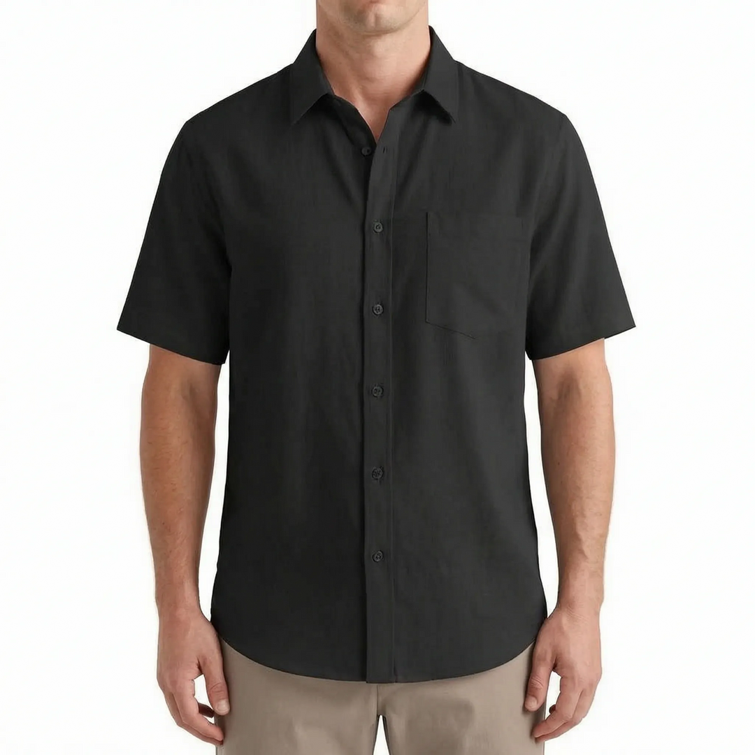 Men's relaxed fit short sleeve button down shirt; lightweight, breathable summer casual top.