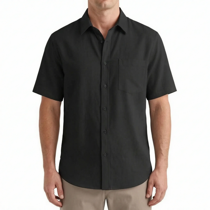 Men's relaxed fit short sleeve button down shirt; lightweight, breathable summer casual top.