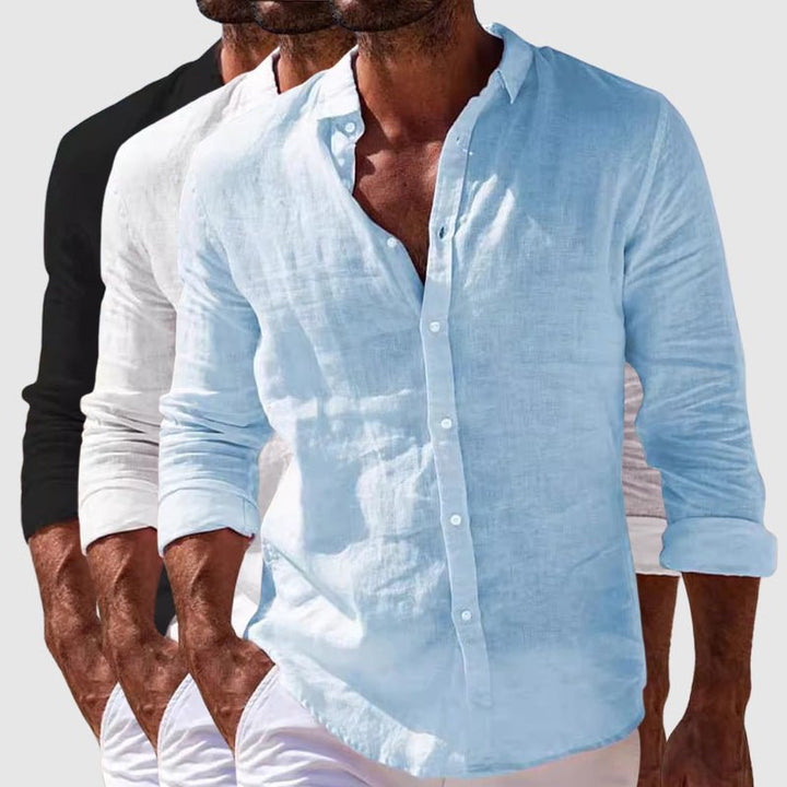 Breezy men's short-sleeve button-up shirt, relaxed fit. Versatile casual style for warm weather & beach.