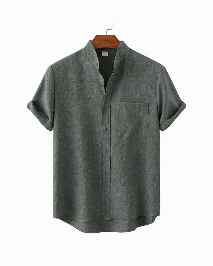 Men's relaxed fit short sleeve shirt, light blue, stand collar, perfect for summer casual wear.