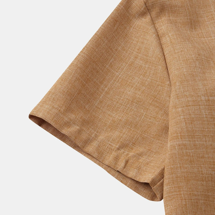 Men's relaxed fit short sleeve shirt, stand collar, versatile for summer casual wear.