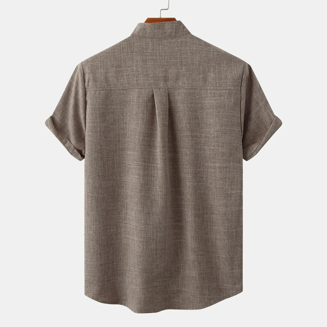 Breathable men's short sleeve shirt, relaxed fit, stand collar, for warm weather everyday style.