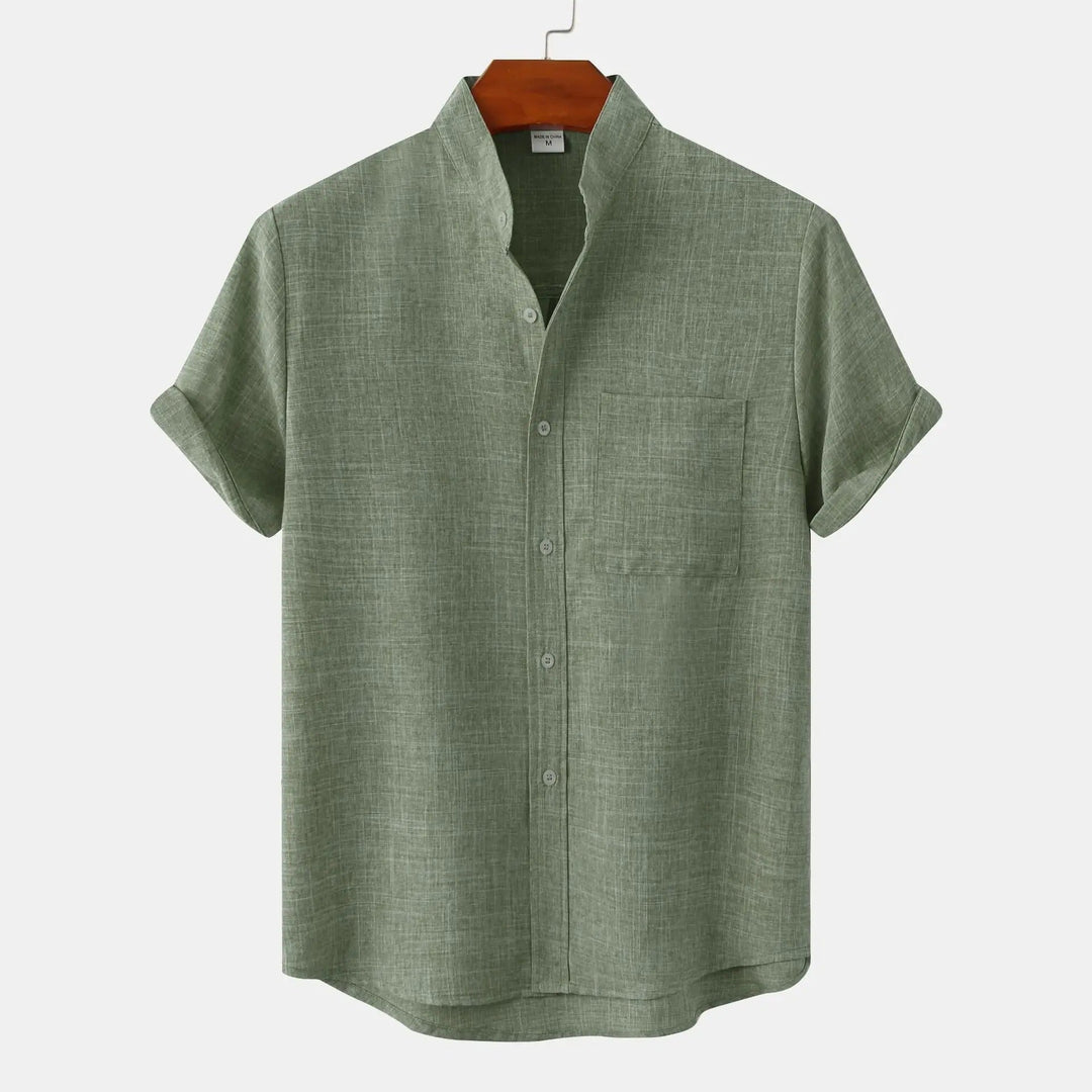 Green relaxed fit short sleeve shirt for men, stand collar, comfortable summer fashion.