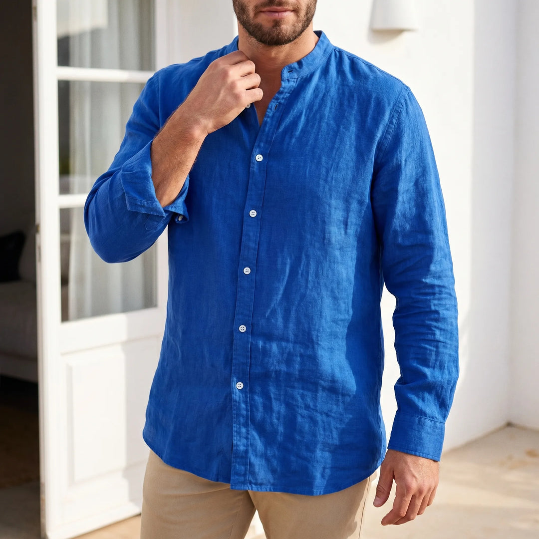 Men's relaxed fit stand collar shirt, versatile solid color for casual summer wear.