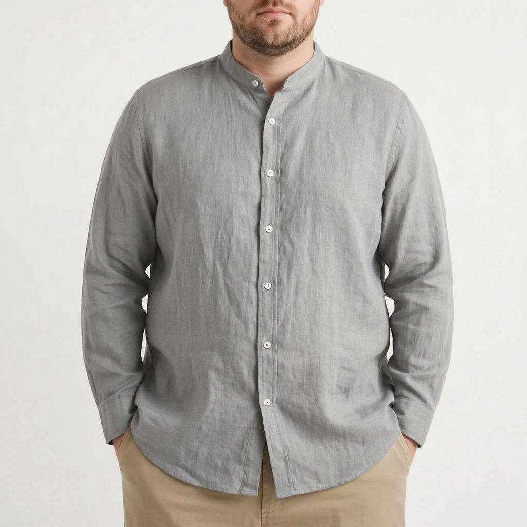Men's solid color stand collar shirt, relaxed fit, long sleeve. Essential casual summer apparel.