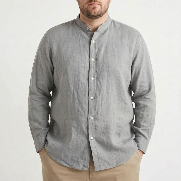 Men's solid color stand collar shirt, relaxed fit, long sleeve. Essential casual summer apparel.