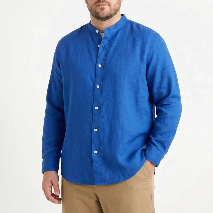 Lightweight men's relaxed fit shirt with stylish stand collar, perfect for comfortable summer fashion.