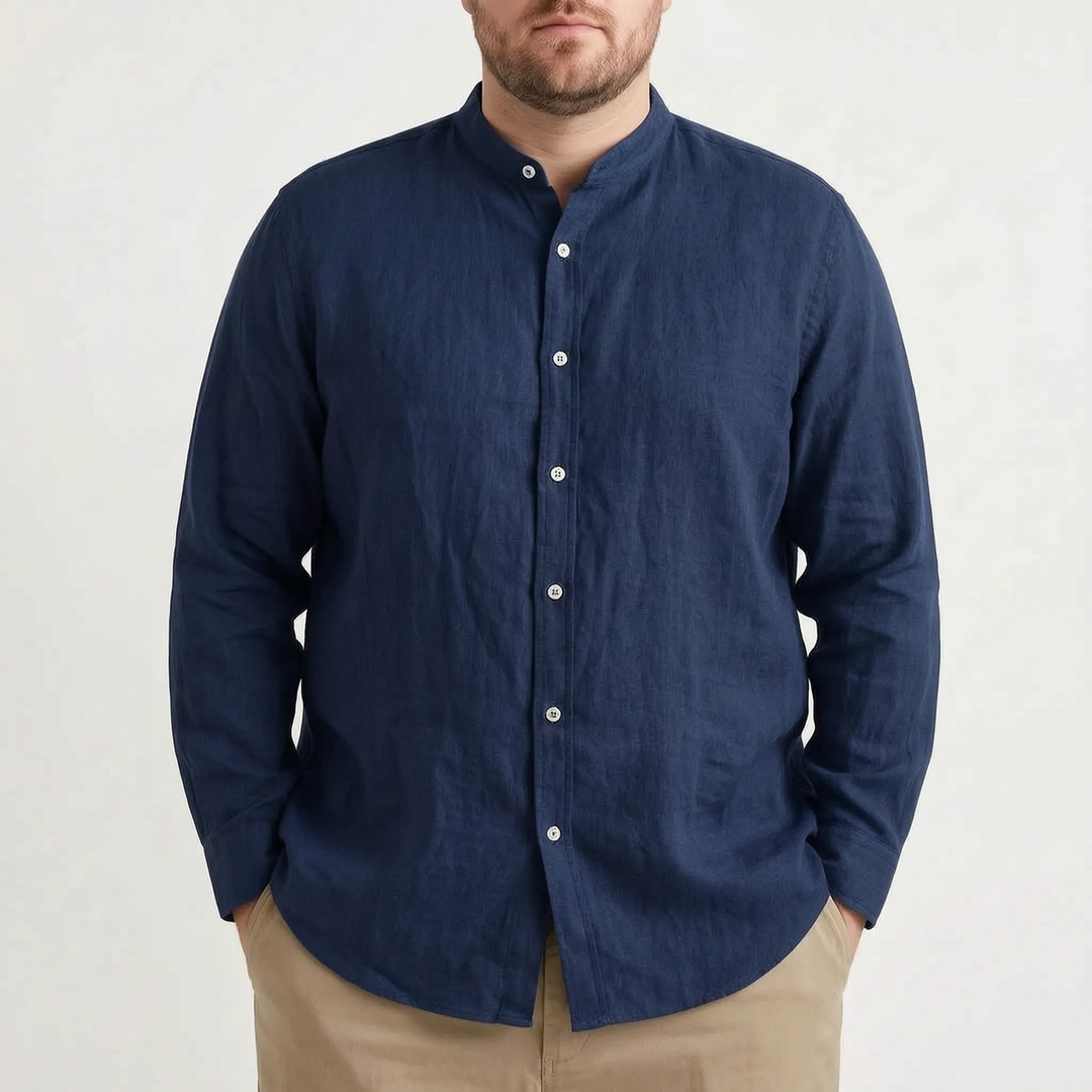 Men's casual relaxed fit stand collar shirt in solid color, styled for summer comfort & versatility.
