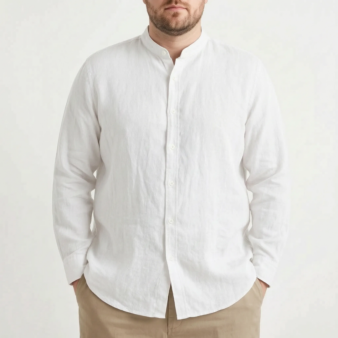 Lightweight men's button-front shirt, relaxed fit with a stand collar, great for warm weather fashion.