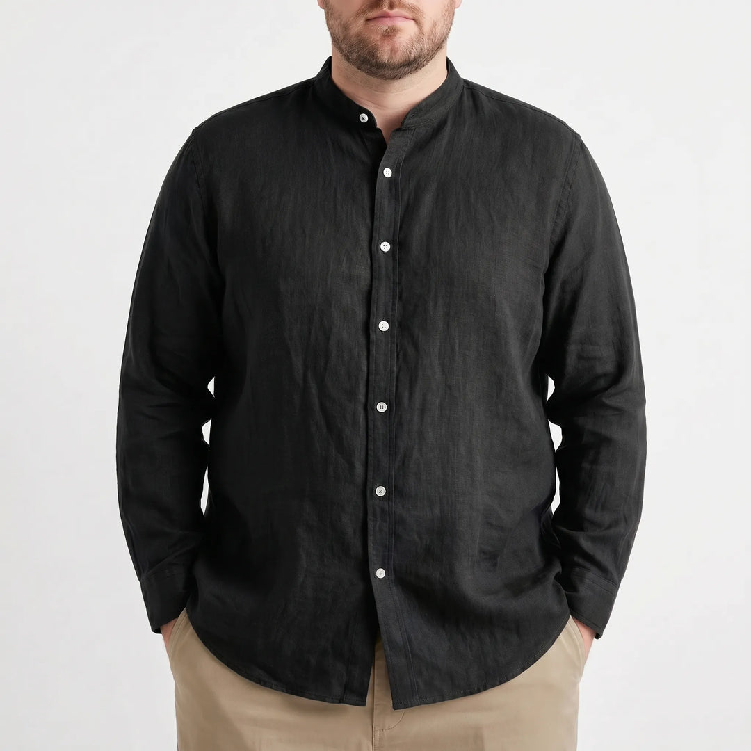 Versatile men's relaxed fit stand collar shirt, a solid color essential for casual summer wardrobes.
