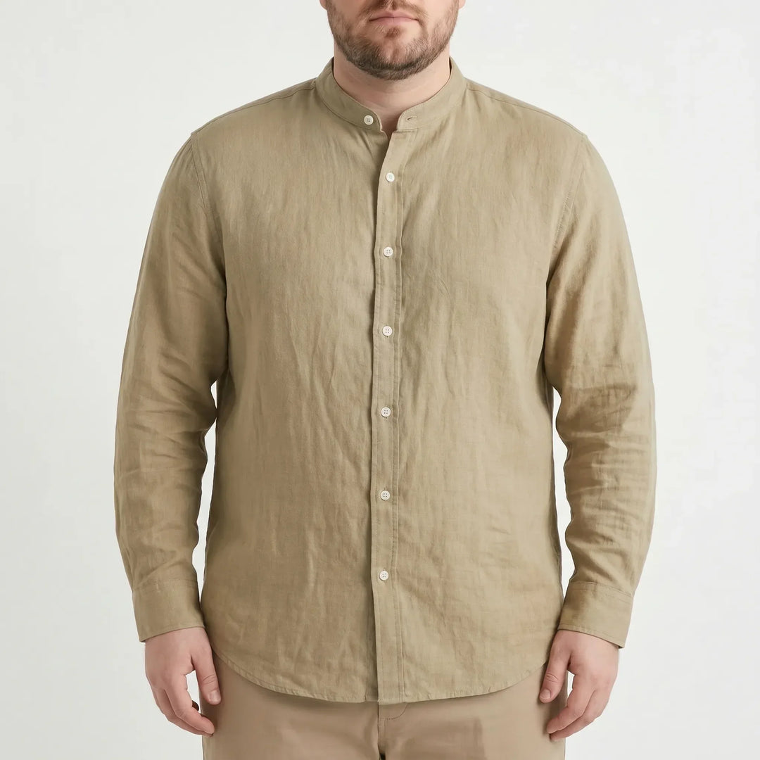 Detailed view: Men's stand collar shirt, solid color, featuring relaxed fit & button front for summer.