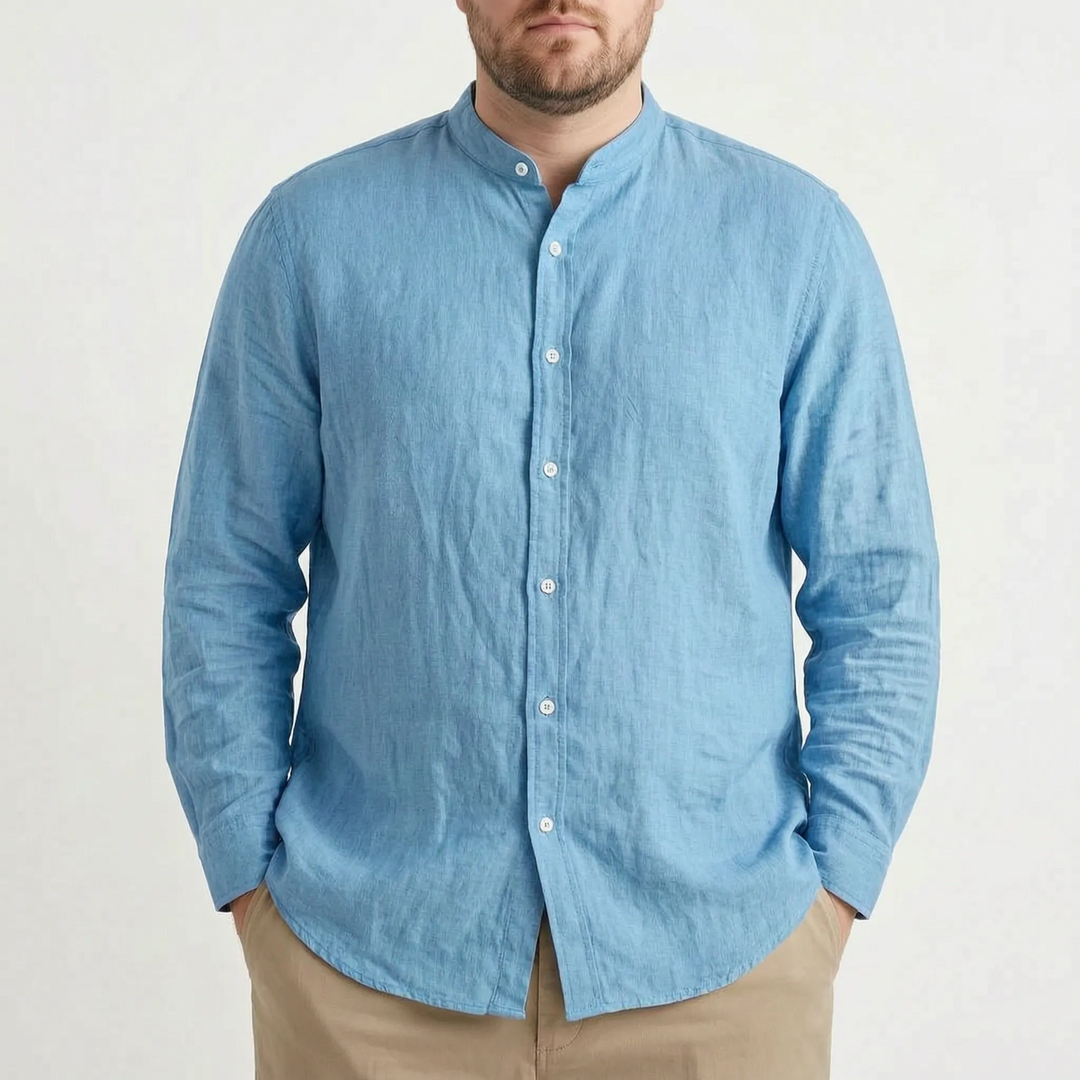 Trendy men's relaxed fit stand collar shirt, a lightweight solid color piece for modern casual fashion.