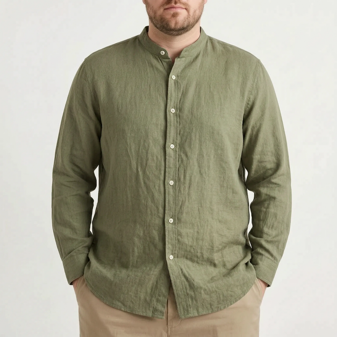Comfortable men's long sleeve relaxed fit shirt with stand collar, perfect for everyday summer casual.