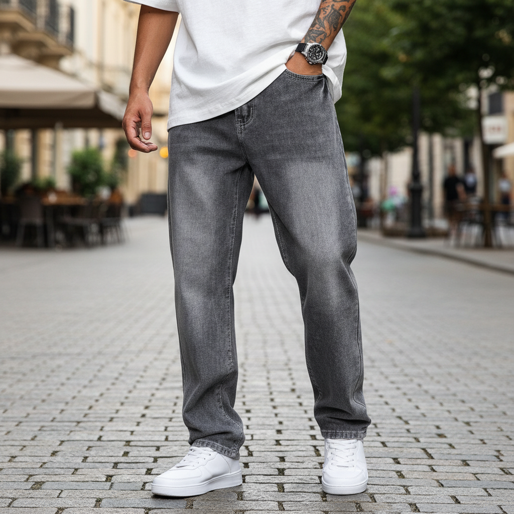 Men's relaxed fit straight leg jeans in a classic blue wash, perfect for casual everyday wear