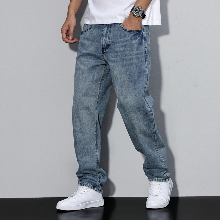Robin brand men's relaxed fit straight leg jeans, offering a timeless casual denim style