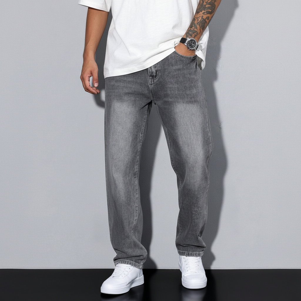 Casual men's denim jeans, relaxed fit and straight leg, made from a comfortable cotton blend fabric