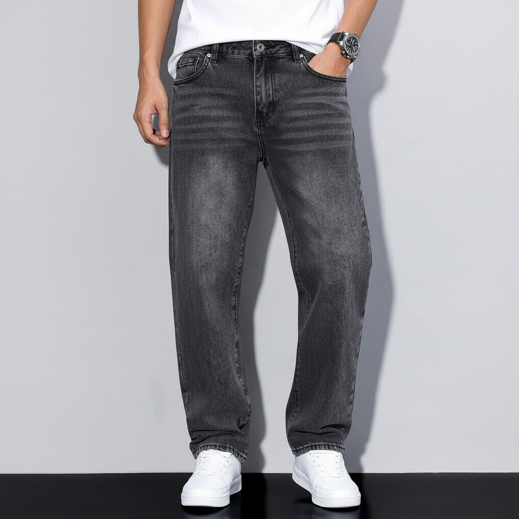 Blue men's jeans with a relaxed fit and straight leg design, ideal for everyday casual style