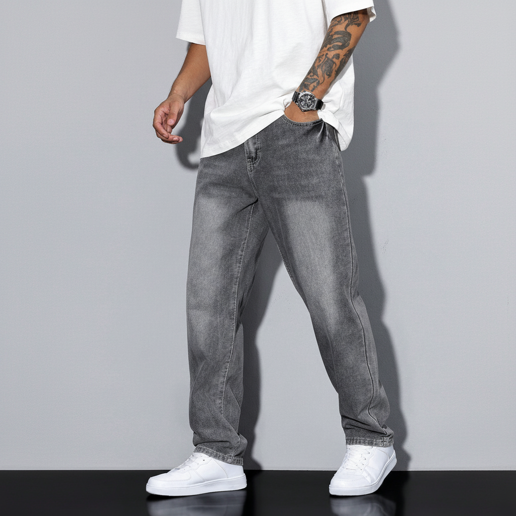 Close-up of the durable cotton blend fabric of men's relaxed fit straight leg casual jeans