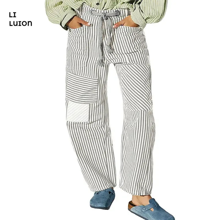 Men's relaxed fit striped patchwork pants. Comfortable drawstring waist, unique casual everyday style.