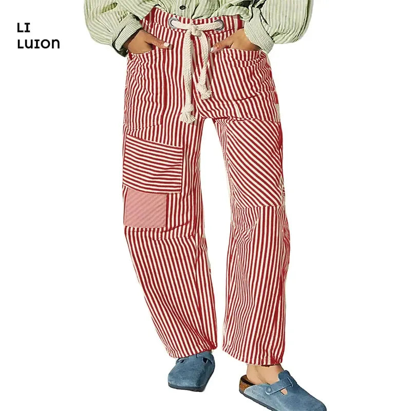 Unique men's patchwork pants featuring stripes. Relaxed fit, drawstring closure for ultimate comfort.