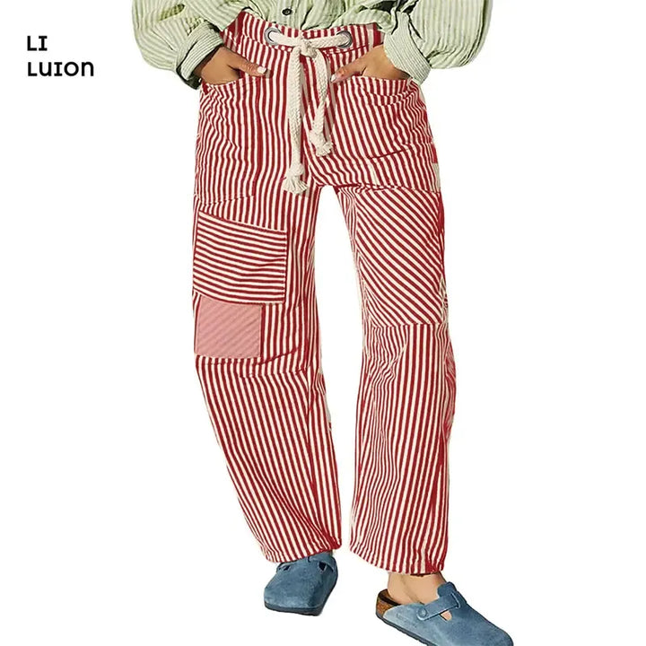 Unique men's patchwork pants featuring stripes. Relaxed fit, drawstring closure for ultimate comfort.