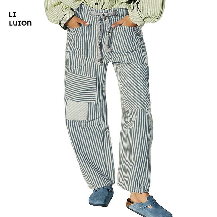 Men's comfortable striped patchwork pants. Effortless everyday style for casual spring/summer fashion.