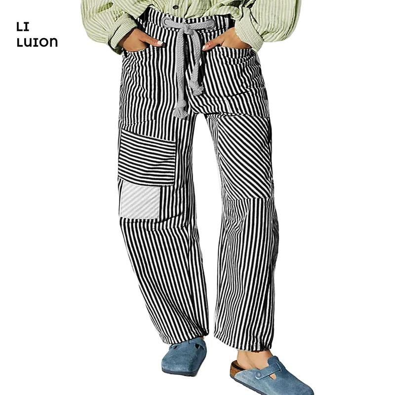 Men's summer/spring striped patchwork pants. Breathable, comfortable, and uniquely stylish for casual outings.