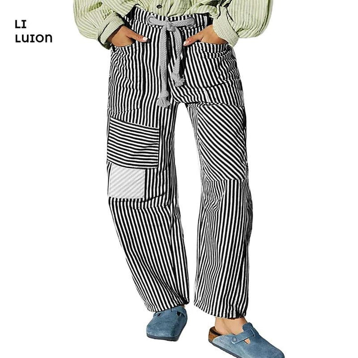 Men's summer/spring striped patchwork pants. Breathable, comfortable, and uniquely stylish for casual outings.