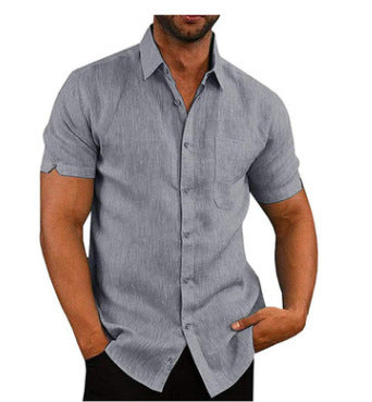 Men's relaxed fit summer button-up shirt in breathable linen-look fabric, ideal for casual style & warm weather.