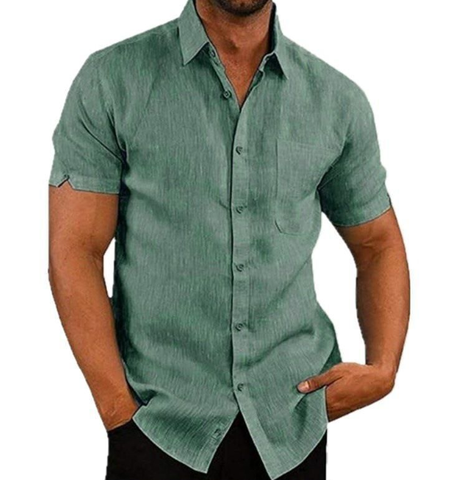 Breathable men's relaxed fit summer shirt, short sleeve button-up, perfect for warm weather style and casual outings.