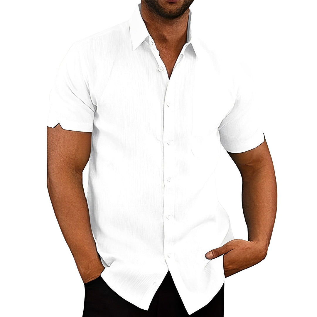 Casual men's relaxed fit summer shirt, breathable button-up, great for vacation, beach, or everyday warm weather.