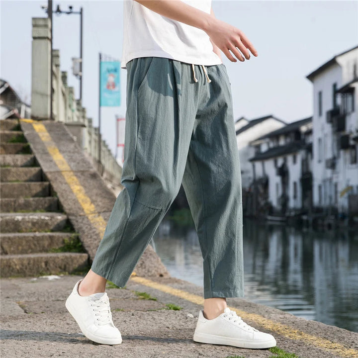 Men's comfortable relaxed fit drawstring pants, breathable for summer and casual wear.