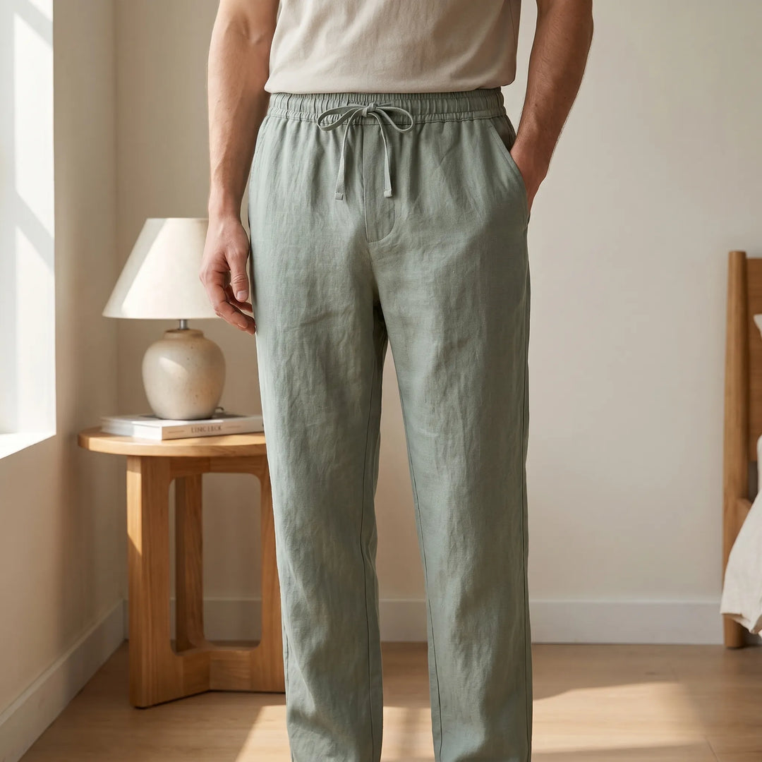 Men's relaxed fit summer pants with drawstring. Comfortable, straight leg for warm weather.
