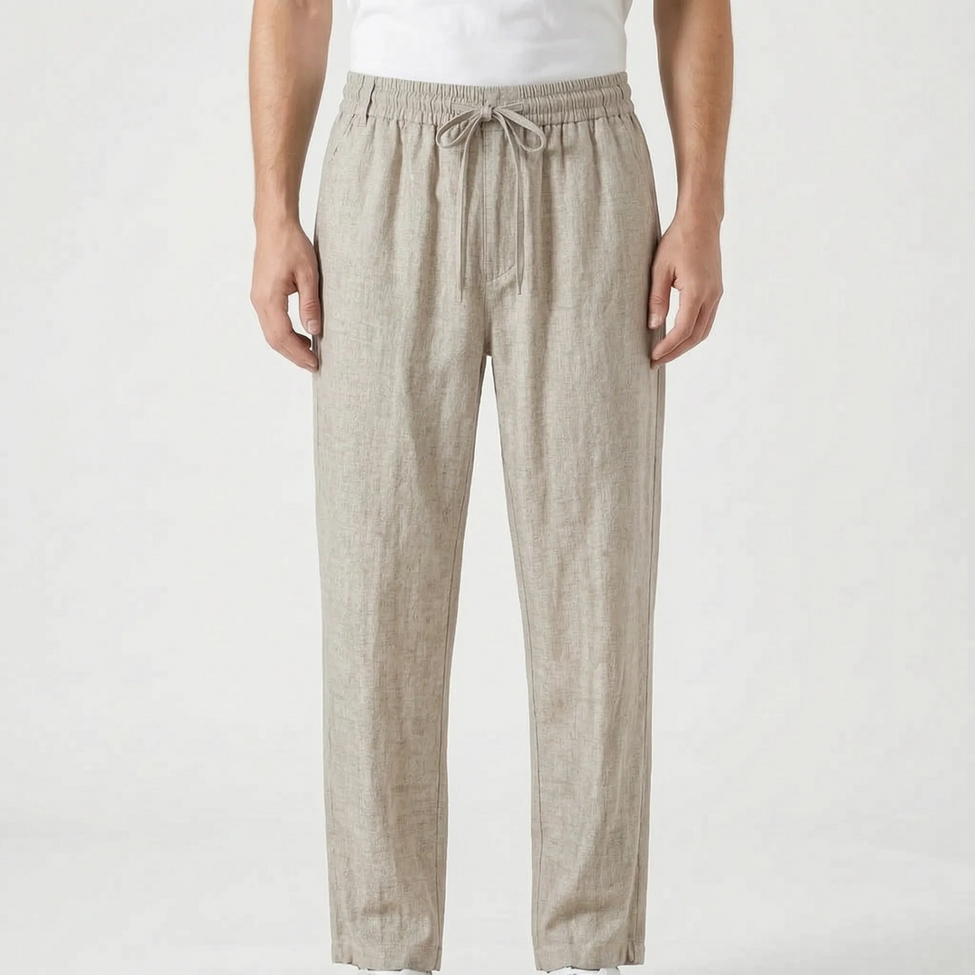 Men's ankle-length summer pants with drawstring. Relaxed straight leg, comfortable for warm weather.