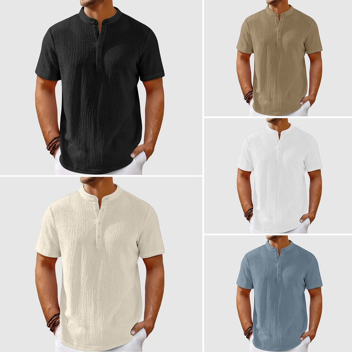 Men's casual summer shirt, textured fabric, relaxed fit, suitable for vacation & warm days.
