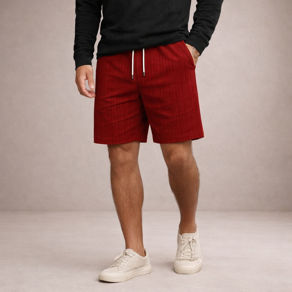 Navy striped men's summer shorts, comfortable knee-length relaxed fit with drawstring, for warm weather.