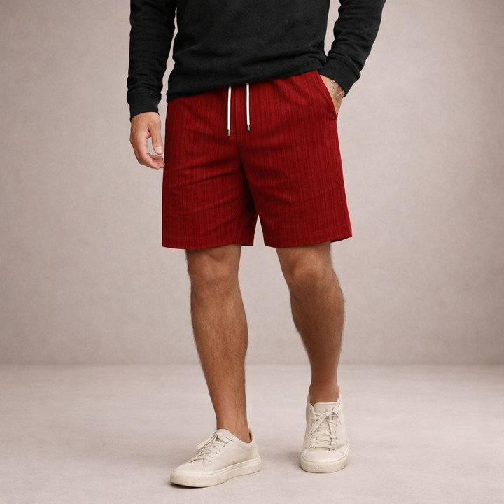 Navy striped men's summer shorts, comfortable knee-length relaxed fit with drawstring, for warm weather.