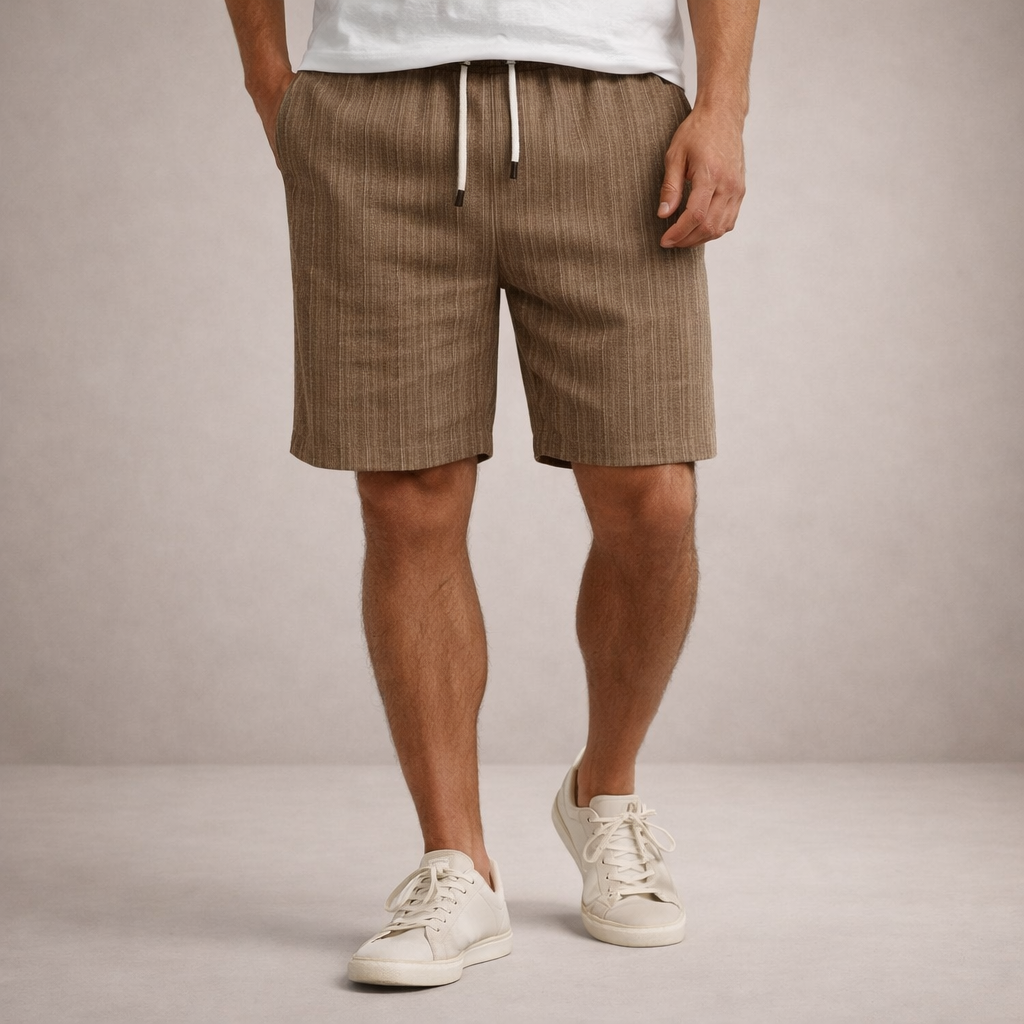 Drawstring men's summer shorts, relaxed fit & comfortable, knee-length striped design for warm weather fashion.