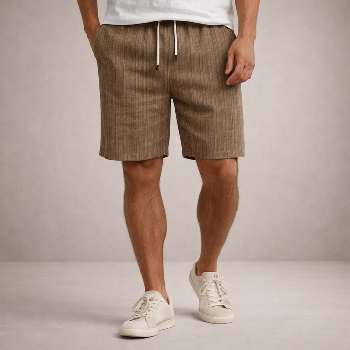 Drawstring men's summer shorts, relaxed fit & comfortable, knee-length striped design for warm weather fashion.