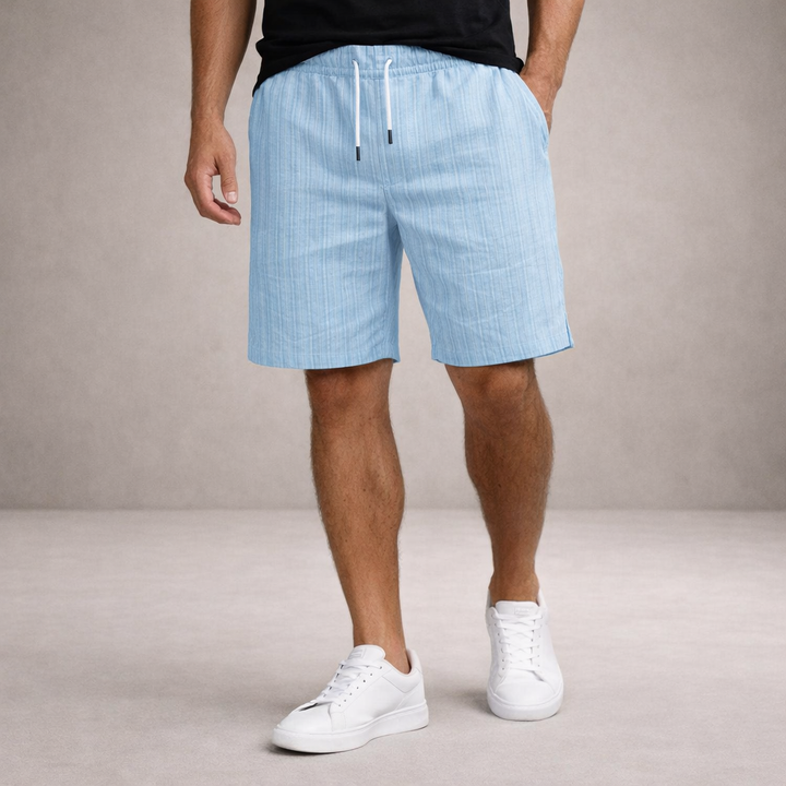 Striped men's knee-length shorts, comfortable relaxed fit with drawstring, ideal for beach & vacation.