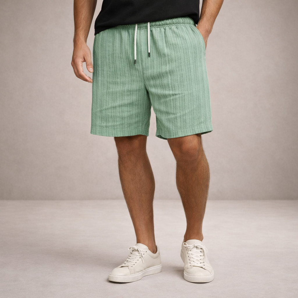Men's drawstring summer shorts, relaxed fit knee-length, perfect for beach, vacation, or casual outing.