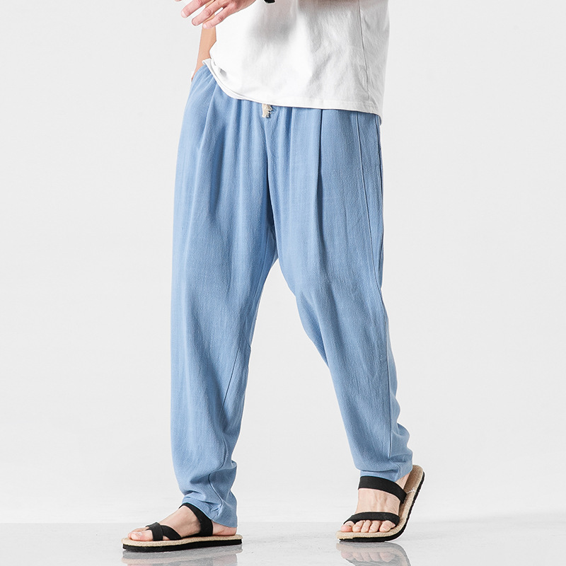 Casual men's drawcord trousers, ideal for lightweight summer beach & travel wear.