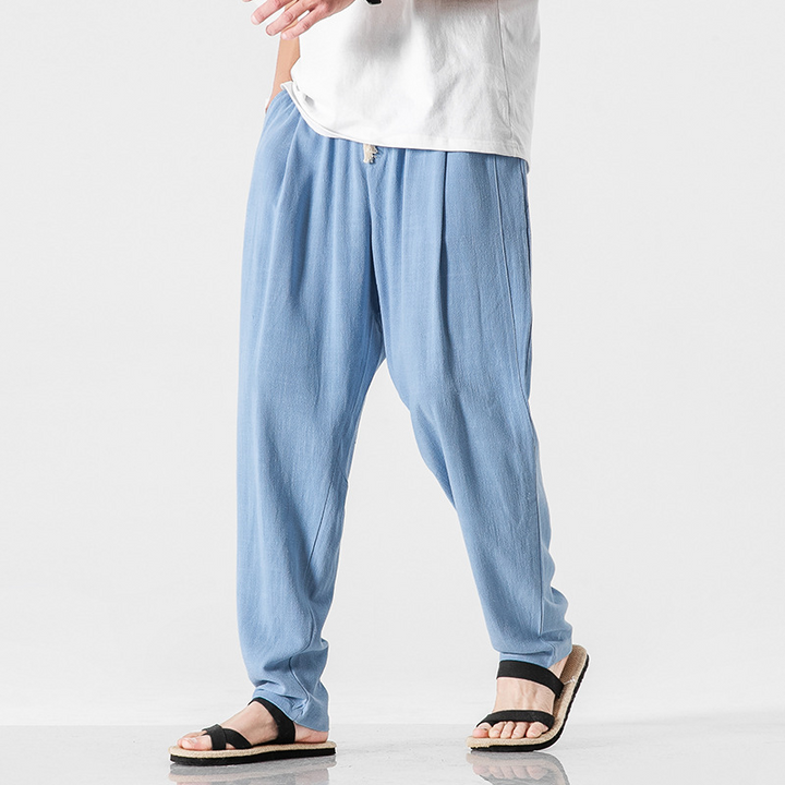 Casual men's drawcord trousers, ideal for lightweight summer beach & travel wear.