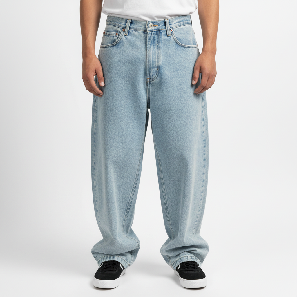 Casual men's loose fit denim jeans in a versatile mid-wash, offering comfort and style