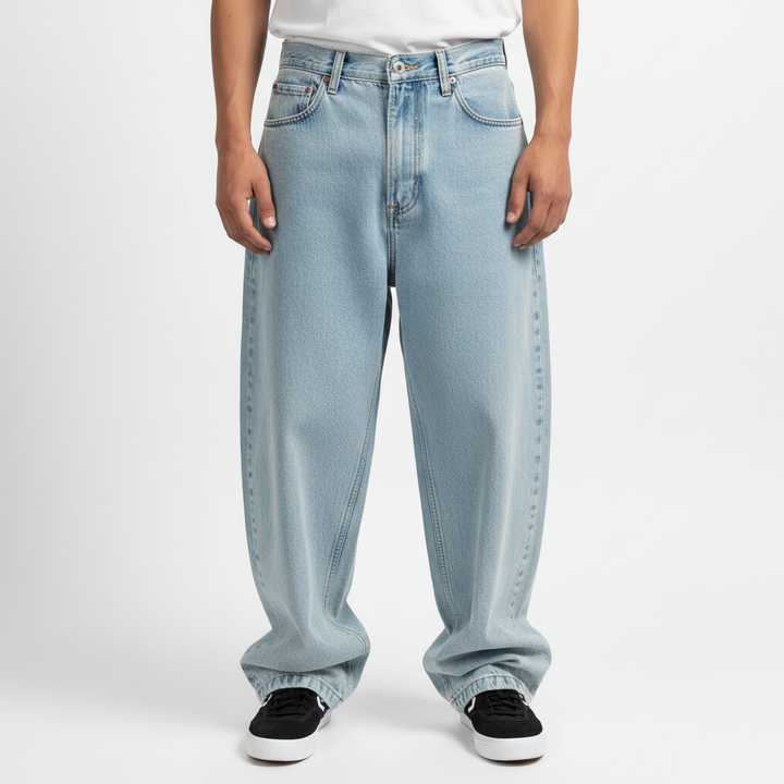 Casual men's loose fit denim jeans in a versatile mid-wash, offering comfort and style