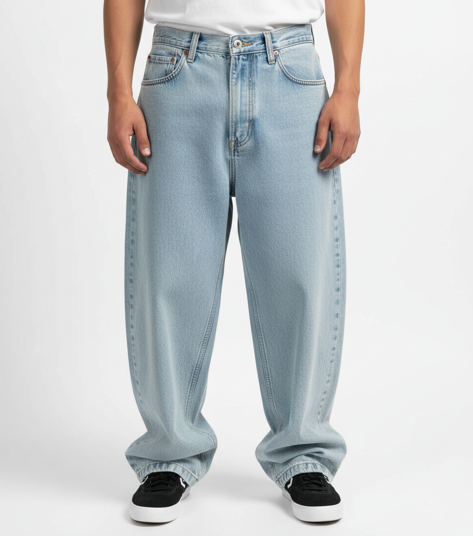 Three-quarter view of men's relaxed fit denim jeans, essential for streetwear and comfort.