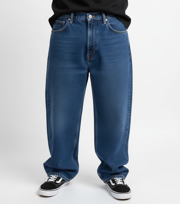 Inside label of mens jeans, indicating relaxed fit and premium denim quality for urban fashion.