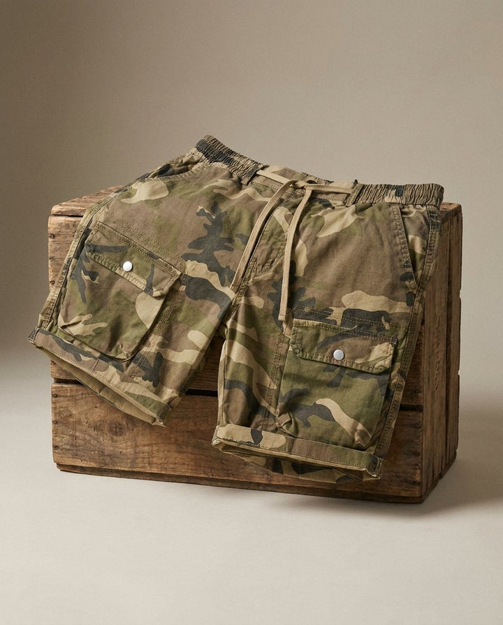 Comfortable men's relaxed fit cargo shorts with drawstring waist & multi utility pockets.